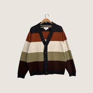 Sun + Stone Mens XL Striped Cardigan Sweater Earth Tones Button Front Cotton
